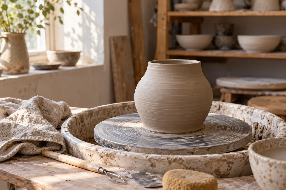 An unfinished clay vessel and tools on a sunlit pottery wheel