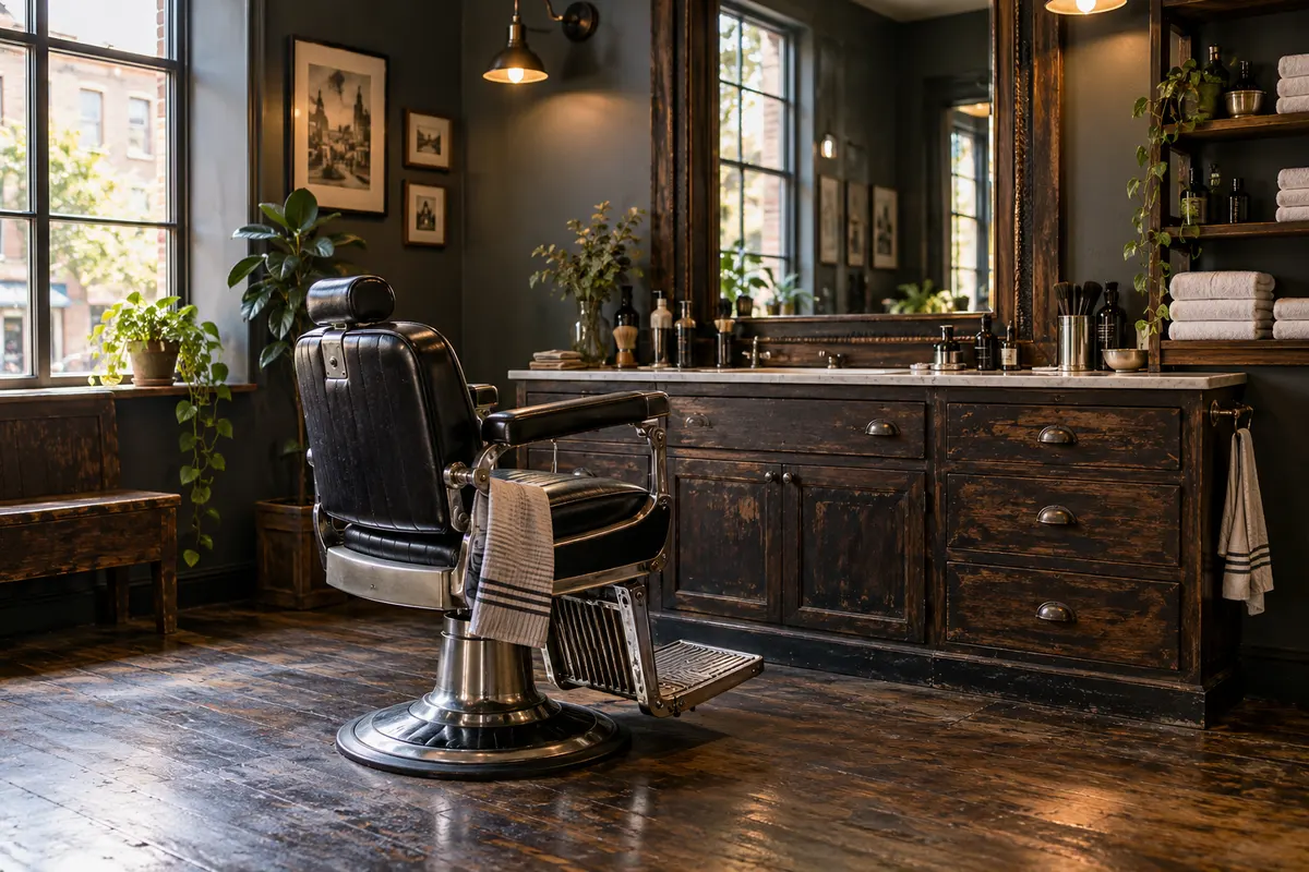 A black leather barber chair in a warm timber neighbourhood shop