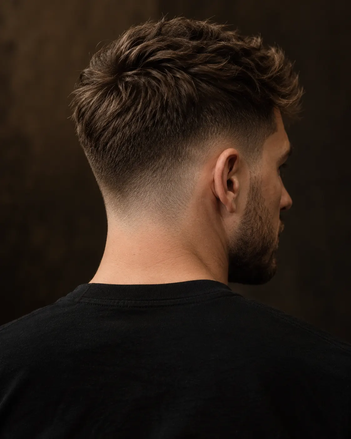 A short textured haircut with a neat taper, seen from behind