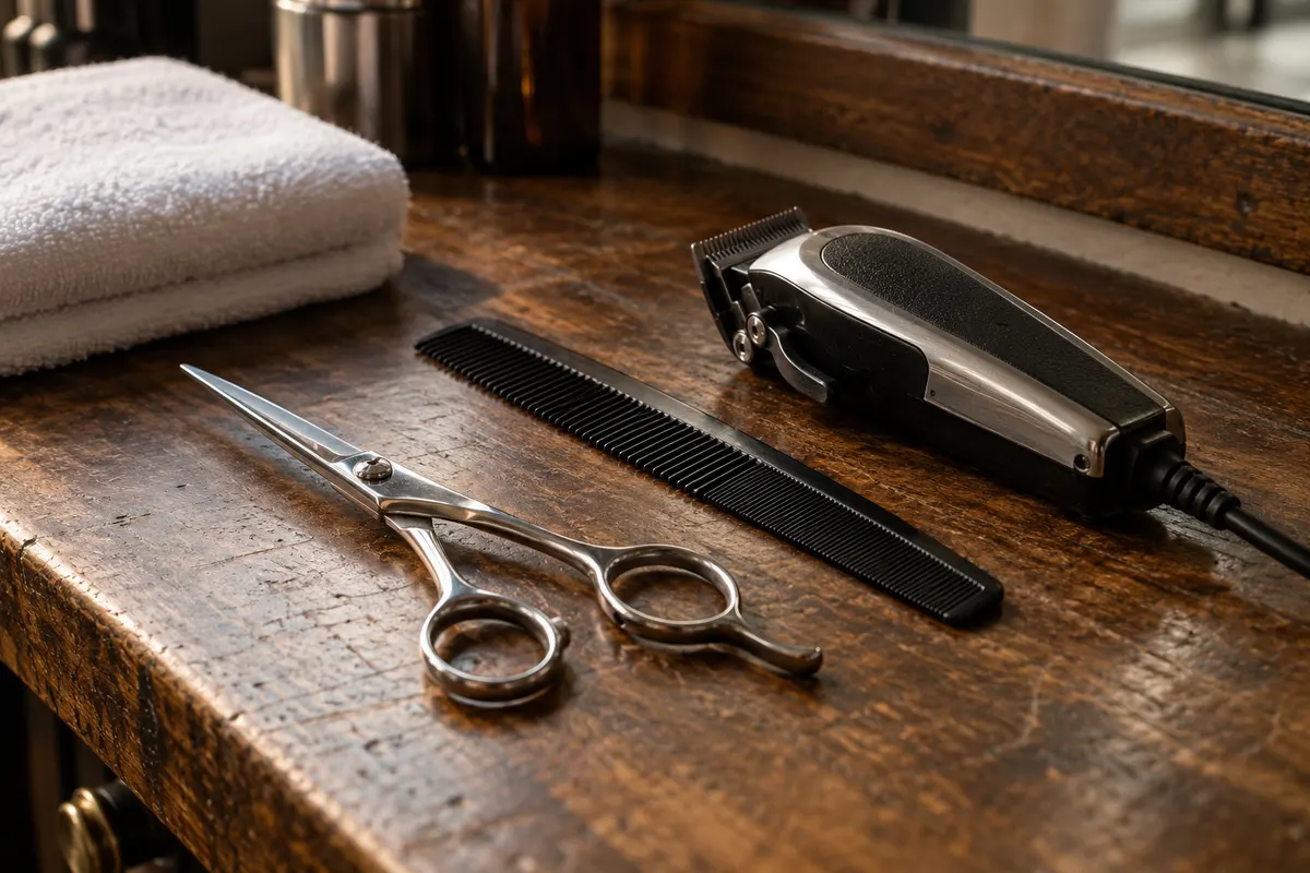 Barber scissors, a comb and a clipper on a walnut counter