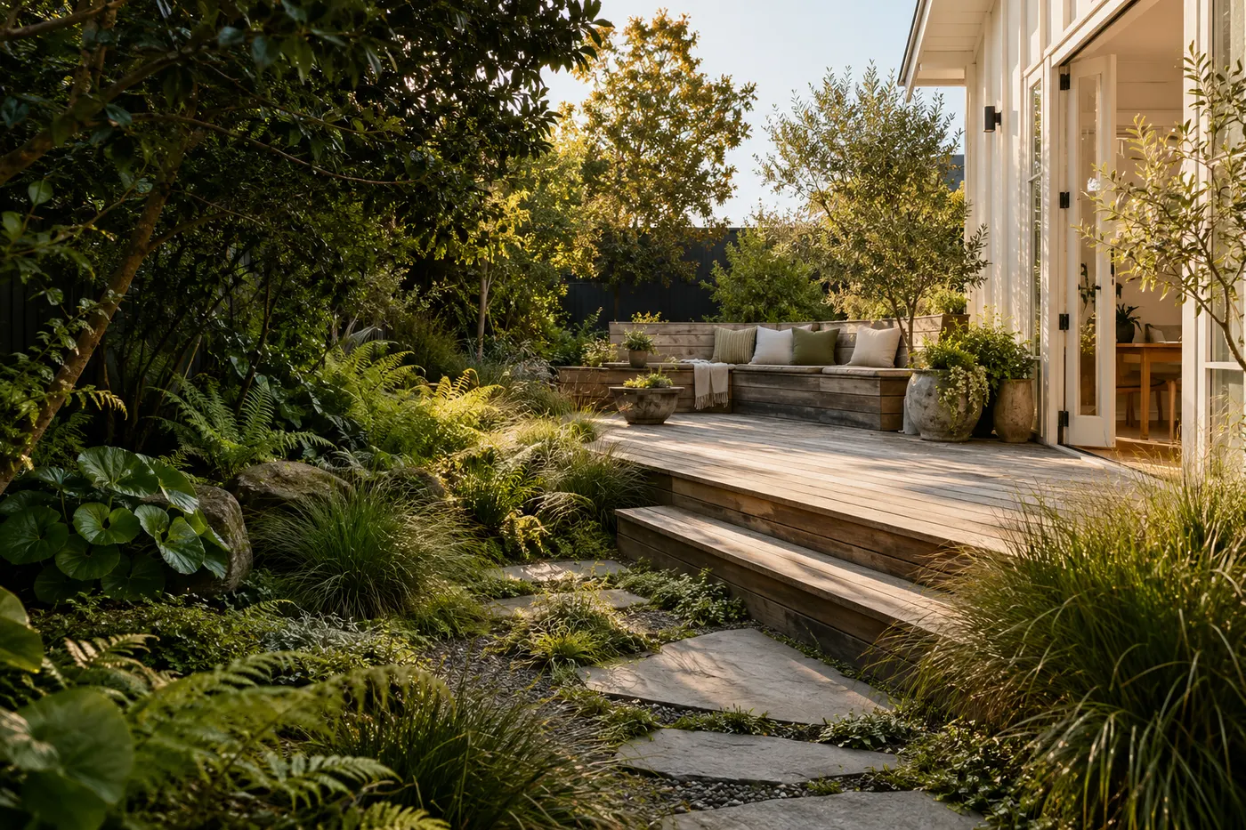 A sunlit courtyard with a timber deck, built-in bench and layered native planting