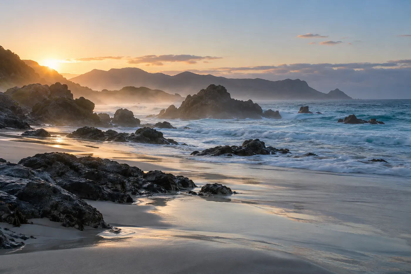 Dawn light over a rugged coast with mist, dark rocks and soft blue water