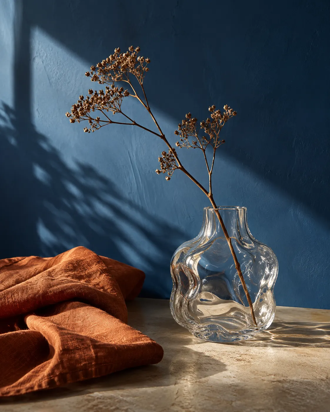 A clear glass vase with a dried branch and rust linen against a blue wall