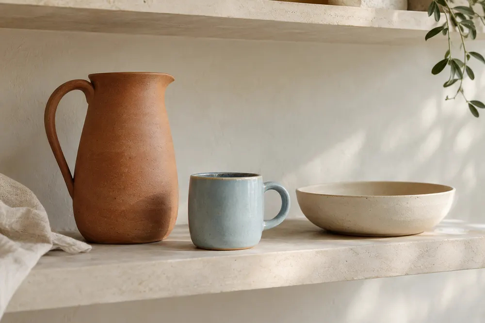 A terracotta pitcher, blue cup and ivory bowl displayed on pale stone shelves