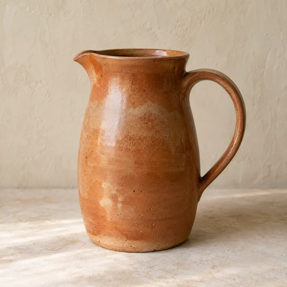 A terracotta ceramic pitcher with a curved handle on a stone surface