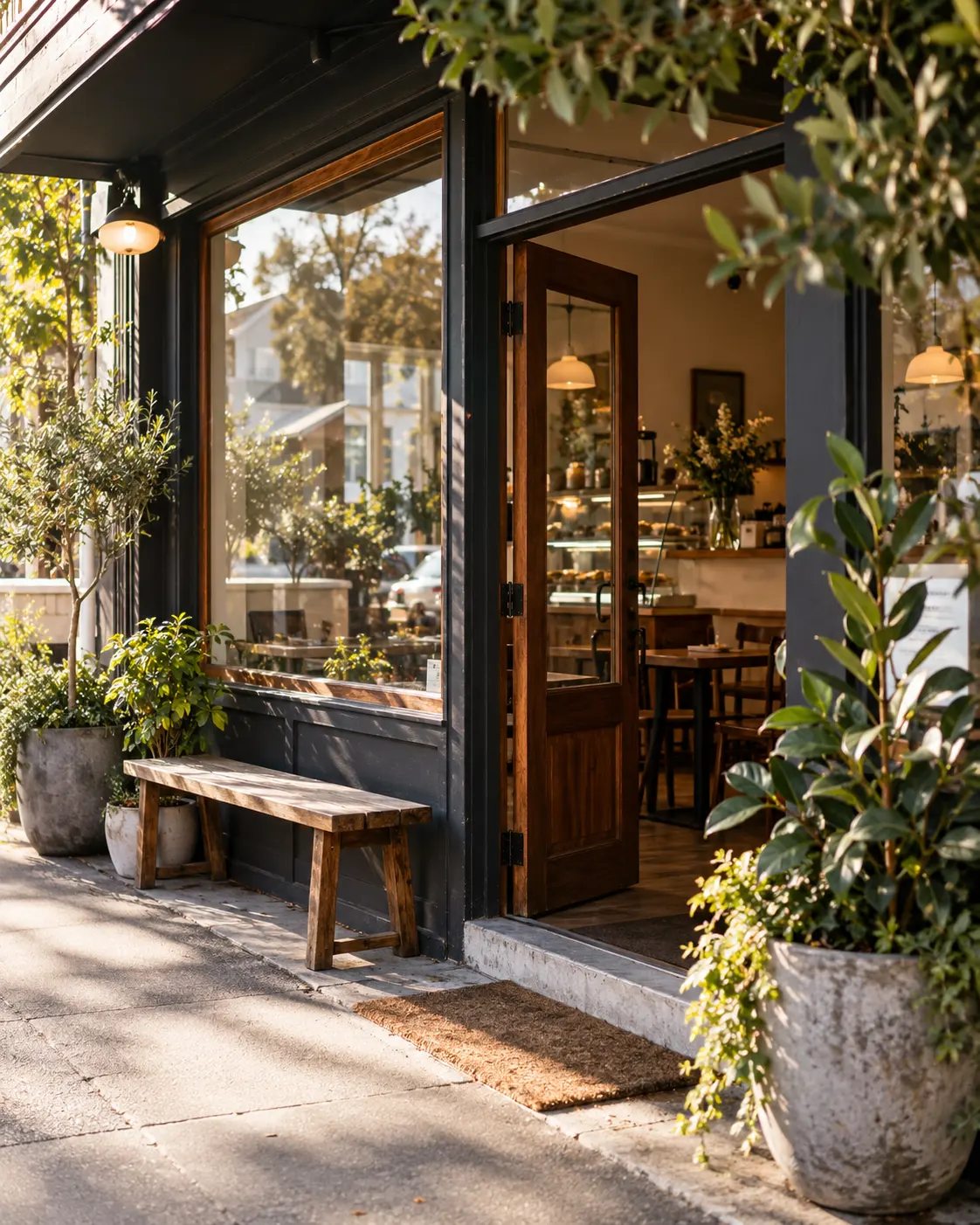 Timber and glass café entrance with a bench and leafy plants
