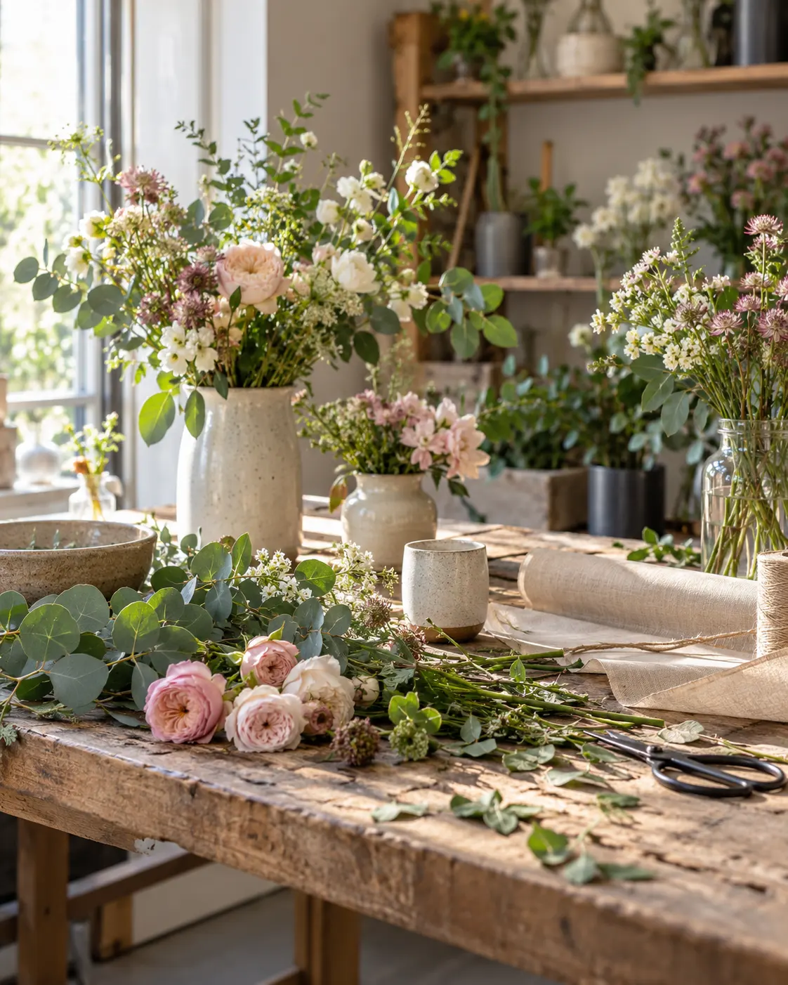 Seasonal flowers and ceramic vases on a florist’s worktable