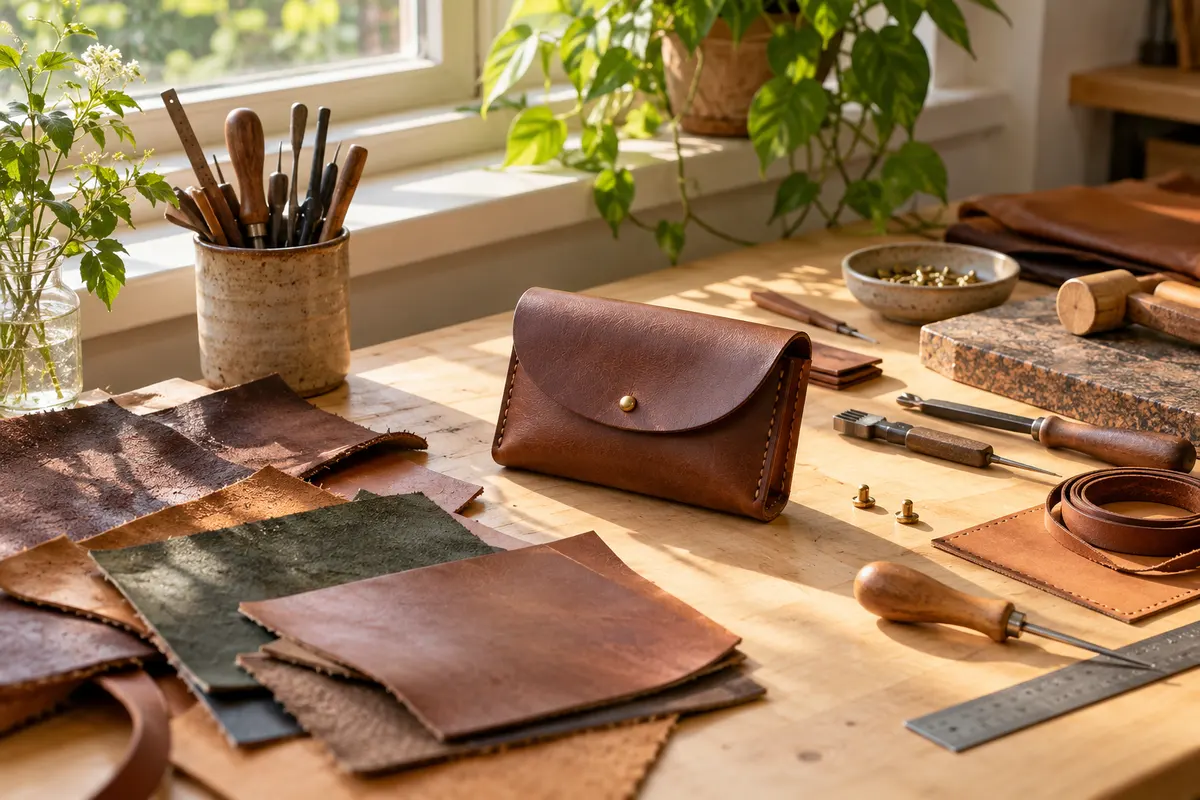 Leather swatches and hand tools on a sunlit maker’s workbench