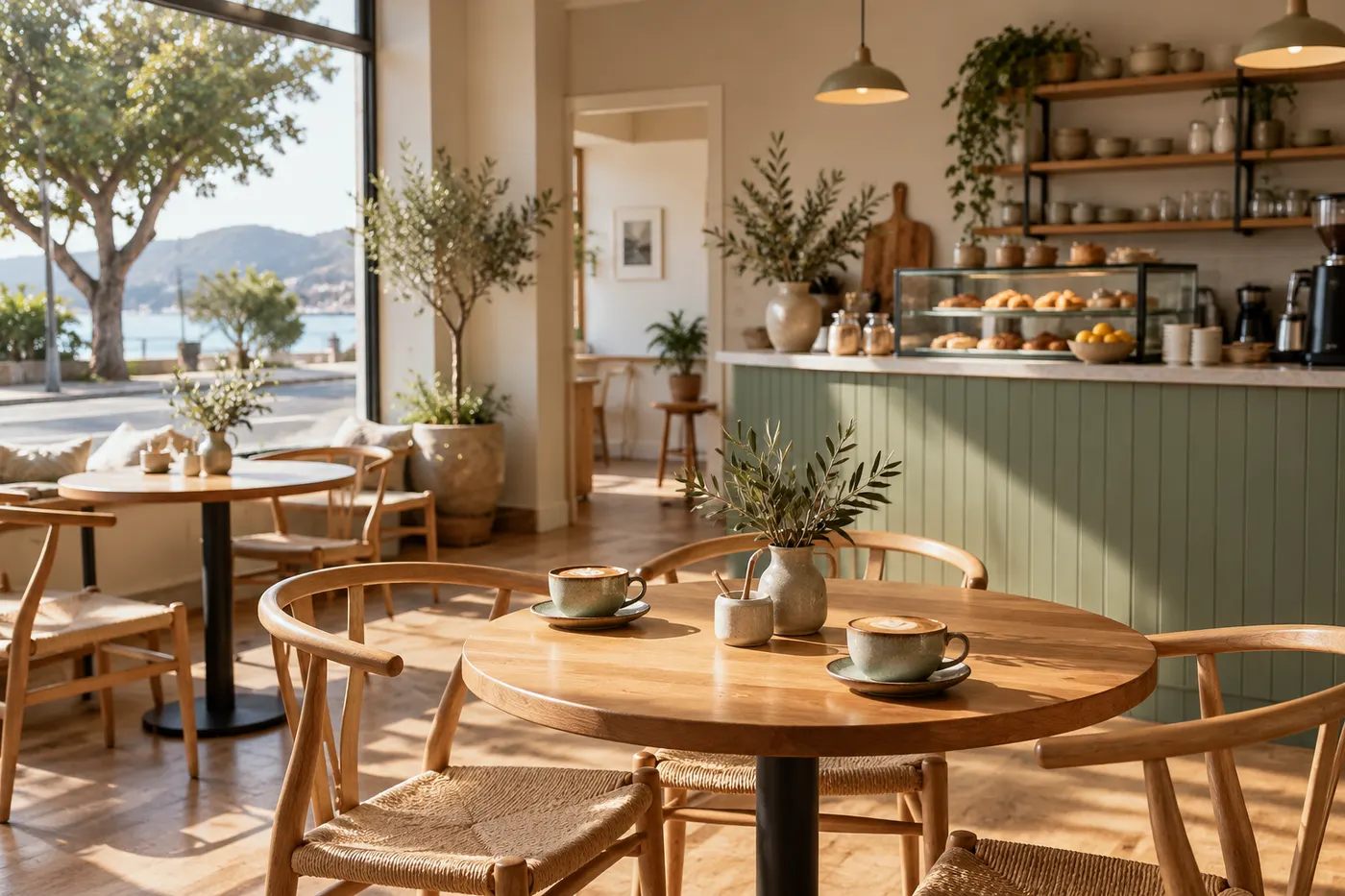 Warm oak tables and a sage counter in a sunlit neighbourhood café