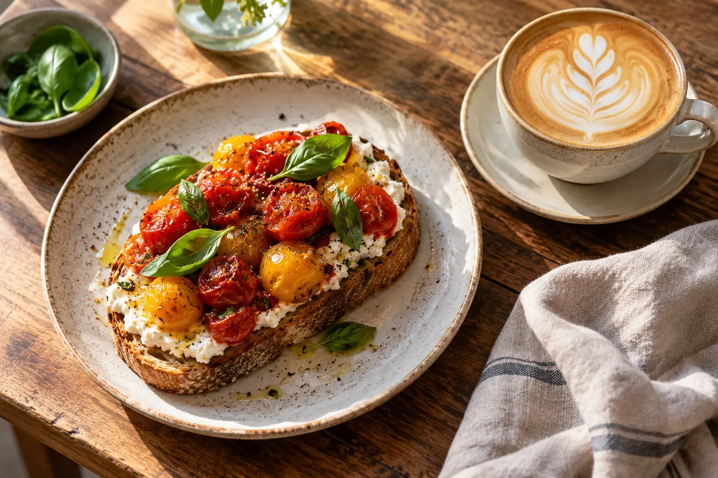 Roasted tomato sourdough toast and a flat white on a café table