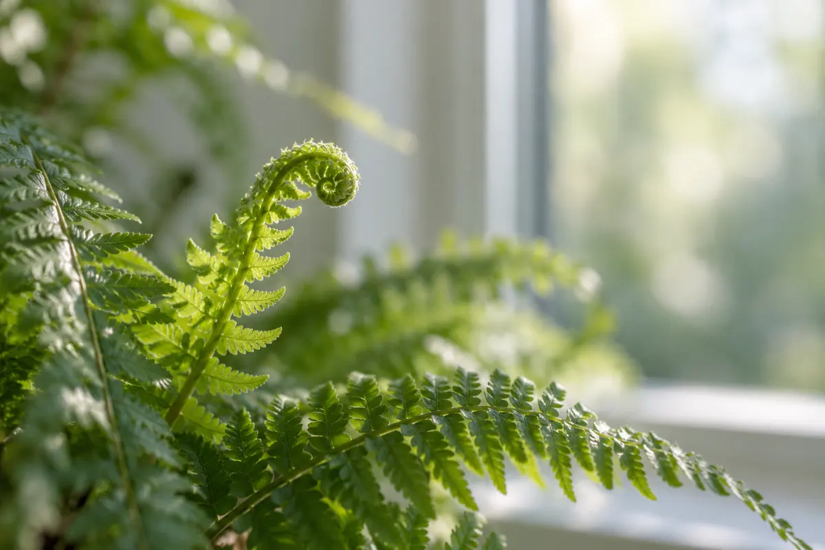 A delicate fern frond unfurling beside a sunlit window