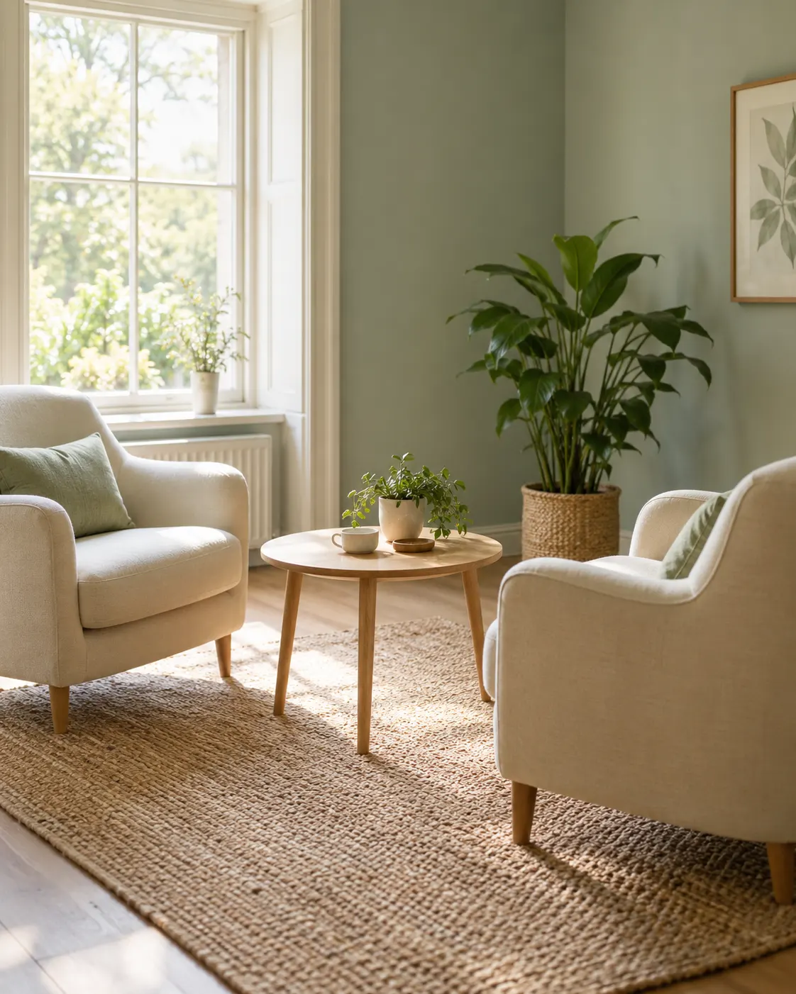 Two cream armchairs and a small table in a softly sunlit counselling room
