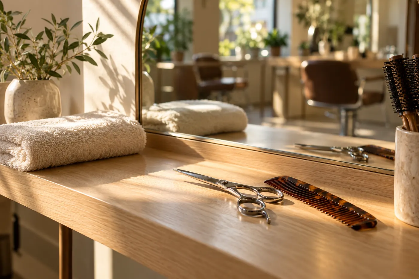 Scissors, comb and a folded towel at a light oak salon station