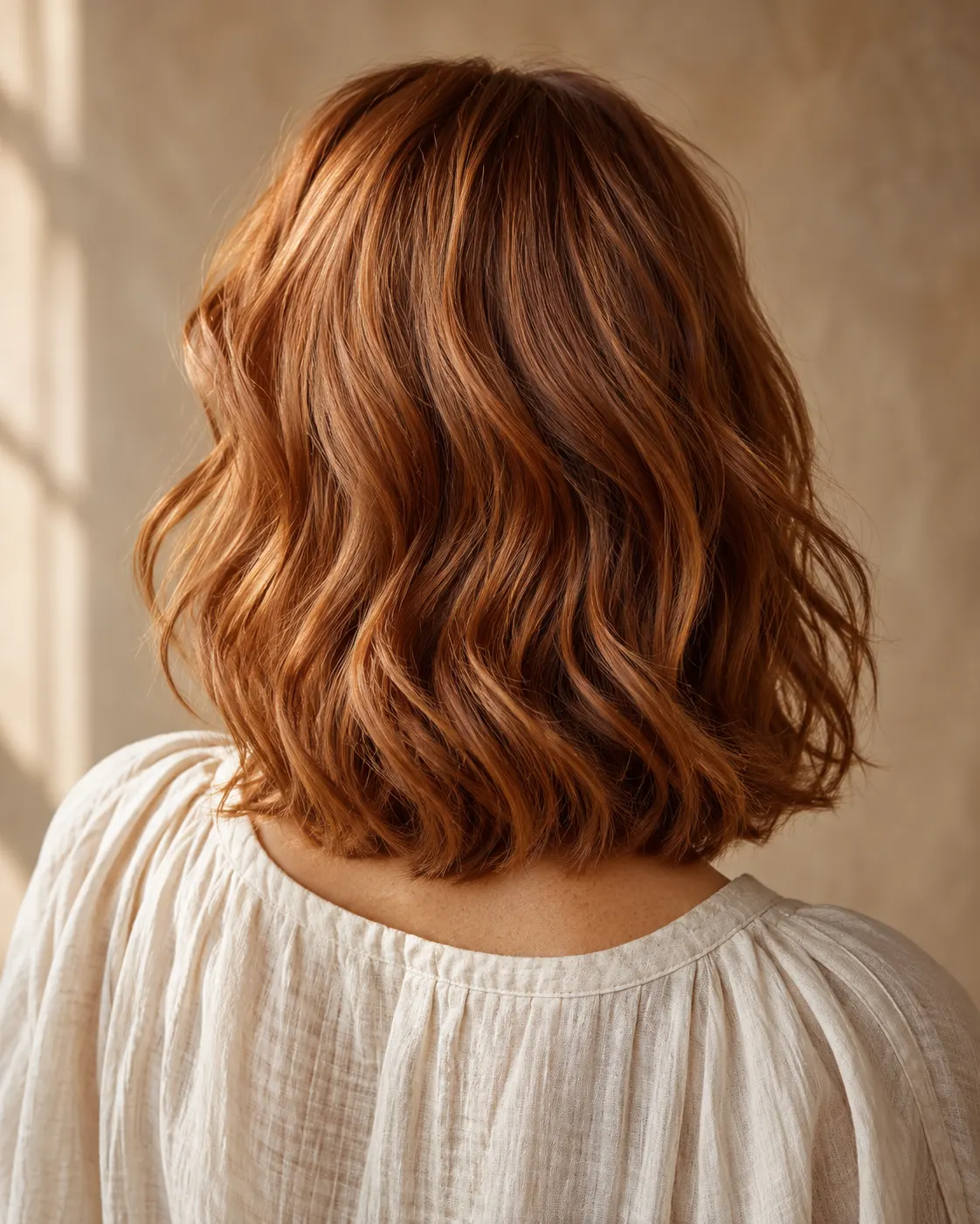 Soft waves in shoulder-length copper hair, seen from behind