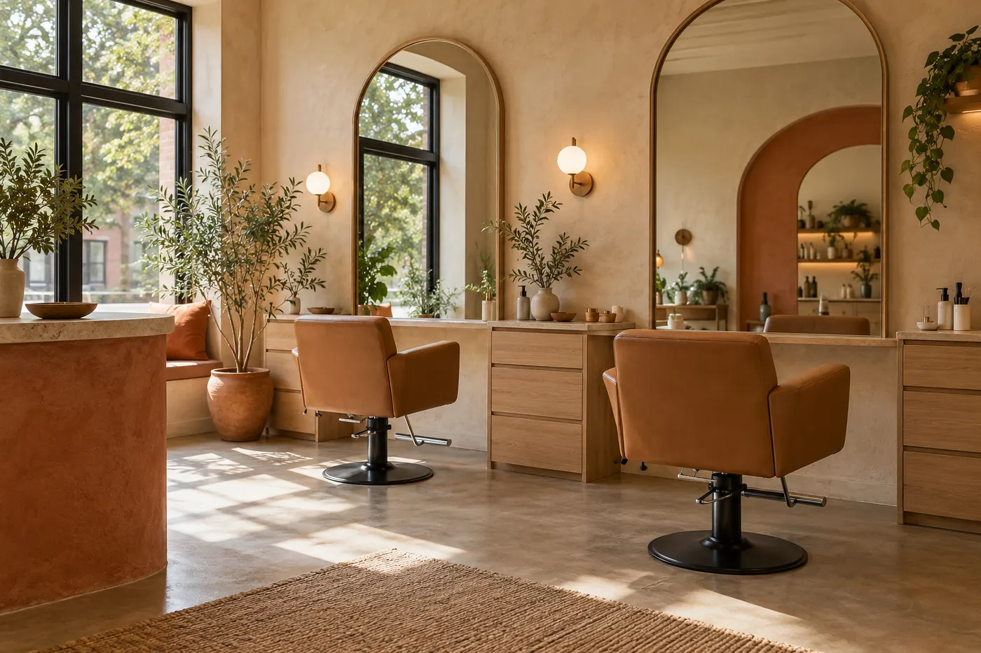 A warm salon with arched mirrors, oak cabinets and leather styling chairs