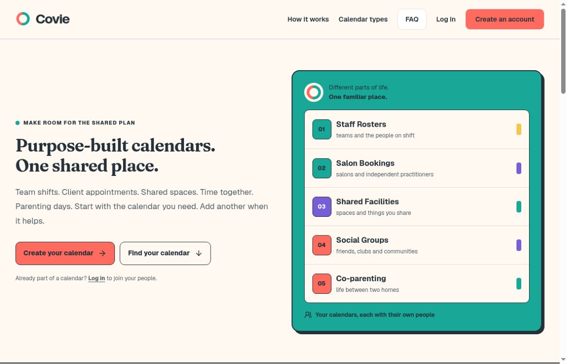 Covie’s homepage, showing its calendar types for staff rosters, salon bookings, shared facilities, social groups and co-parenting